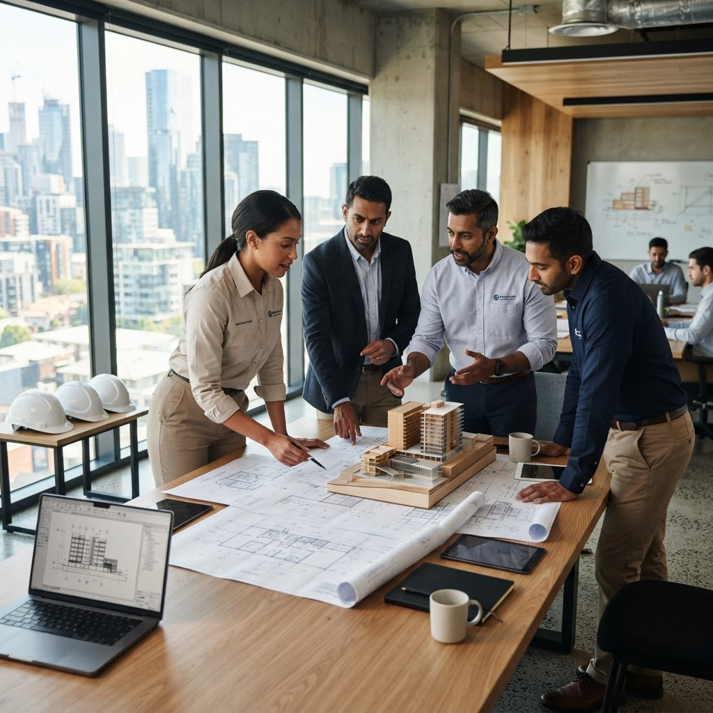 Steelcon engineers reviewing structural drawings and a building model